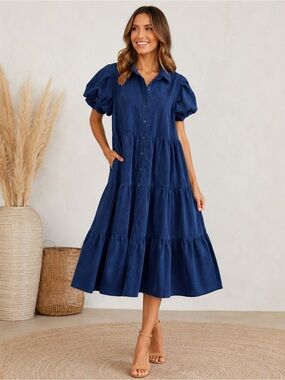 crown & ivy Navy Tiered Button-Front Midi Dress